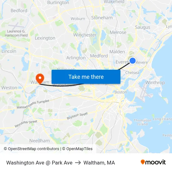 Washington Ave @ Park Ave to Waltham, MA map