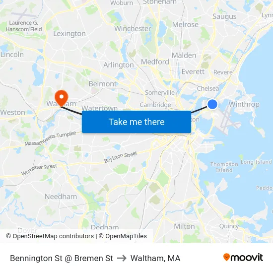 Bennington St @ Bremen St to Waltham, MA map