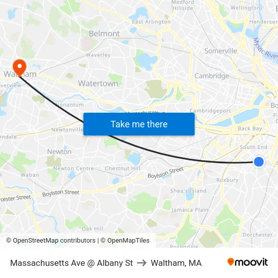 Massachusetts Ave @ Albany St to Waltham, MA map