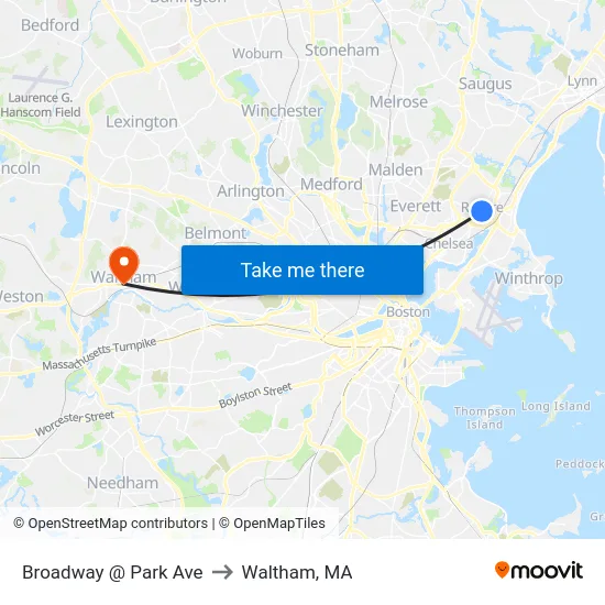 Broadway @ Park Ave to Waltham, MA map