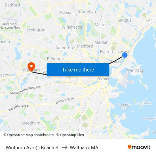 Winthrop Ave @ Beach St to Waltham, MA map