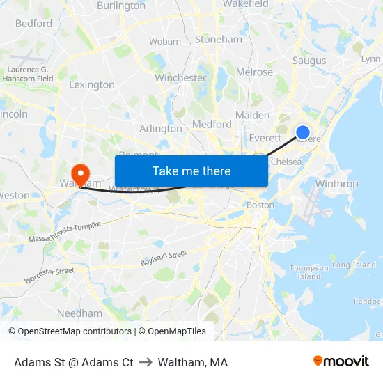 Adams St @ Adams Ct to Waltham, MA map