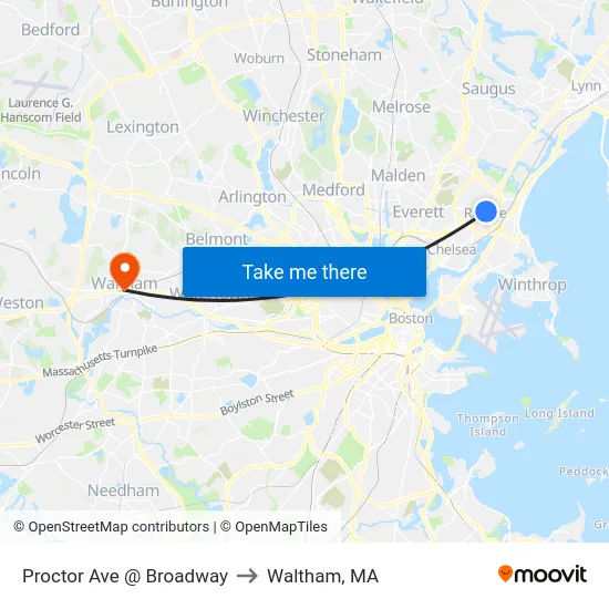 Proctor Ave @ Broadway to Waltham, MA map