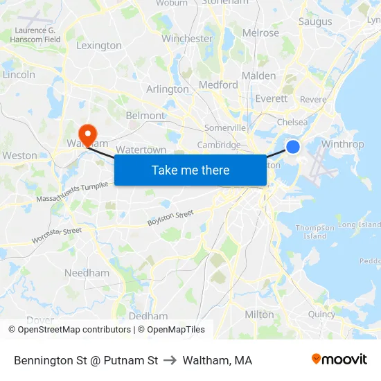 Bennington St @ Putnam St to Waltham, MA map