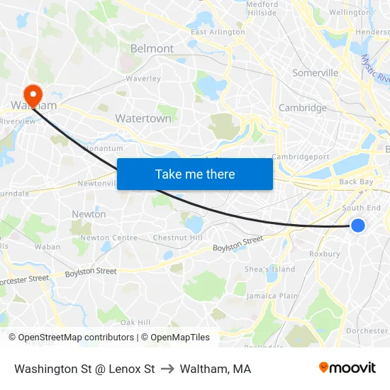 Washington St @ Lenox St to Waltham, MA map