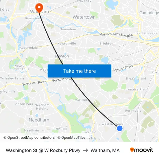 Washington St @ W Roxbury Pkwy to Waltham, MA map