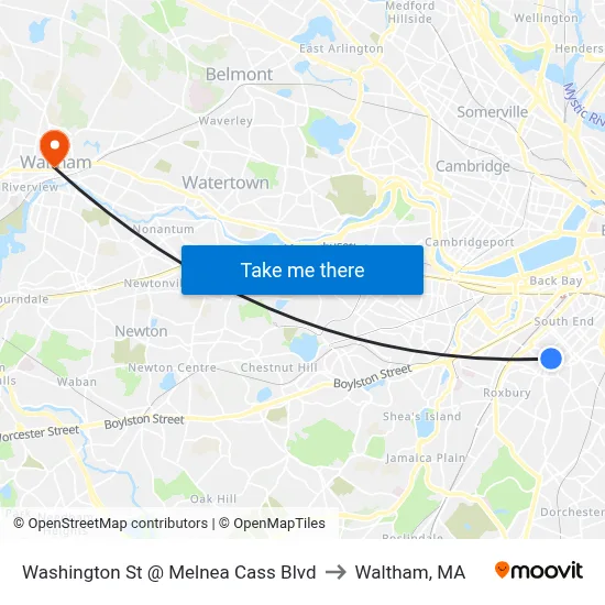 Washington St @ Melnea Cass Blvd to Waltham, MA map