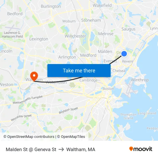 Malden St @ Geneva St to Waltham, MA map