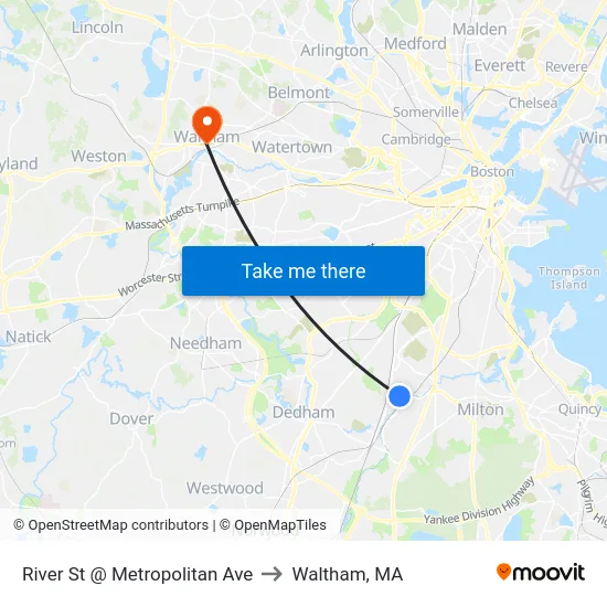 River St @ Metropolitan Ave to Waltham, MA map
