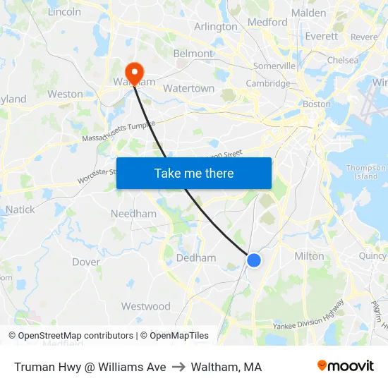 Truman Hwy @ Williams Ave to Waltham, MA map