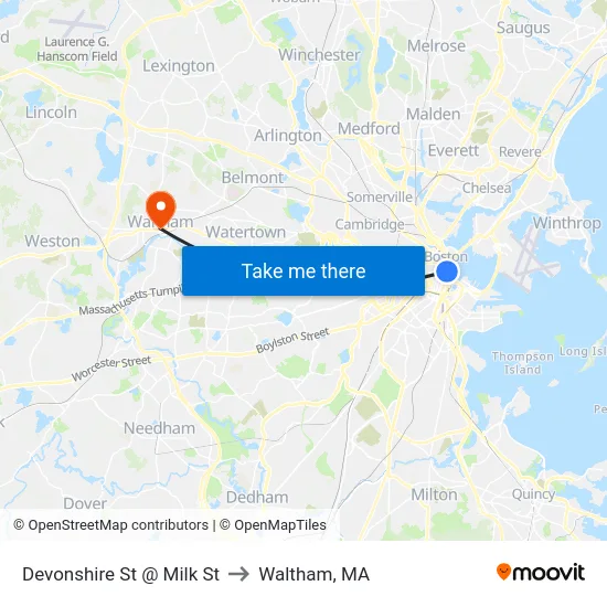 Devonshire St @ Milk St to Waltham, MA map
