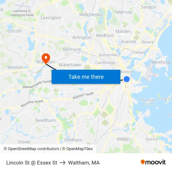 Lincoln St @ Essex St to Waltham, MA map