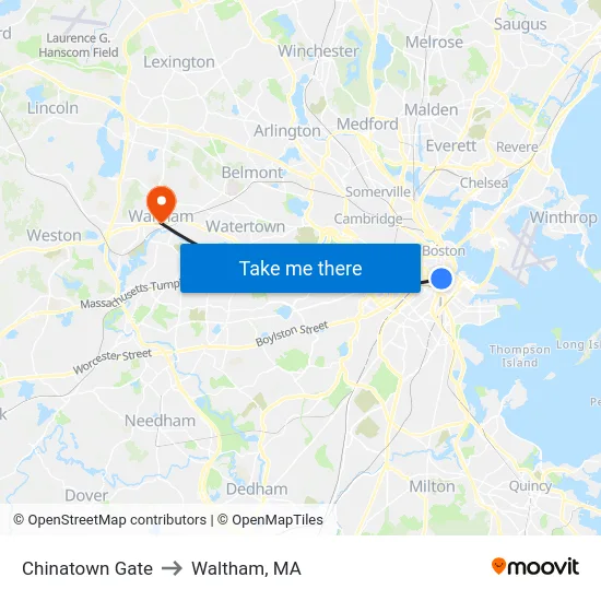 Chinatown Gate to Waltham, MA map
