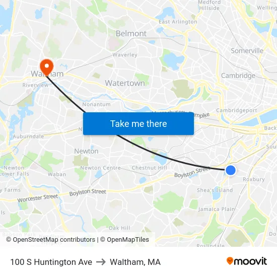 100 S Huntington Ave to Waltham, MA map
