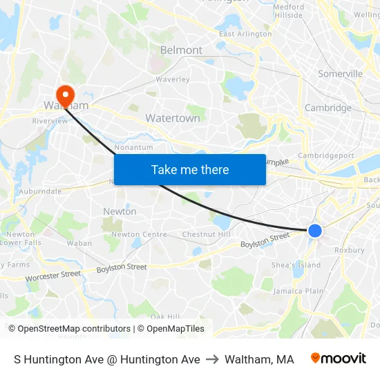 S Huntington Ave @ Huntington Ave to Waltham, MA map