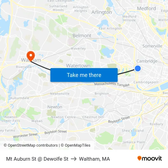 Mt Auburn St @ Dewolfe St to Waltham, MA map