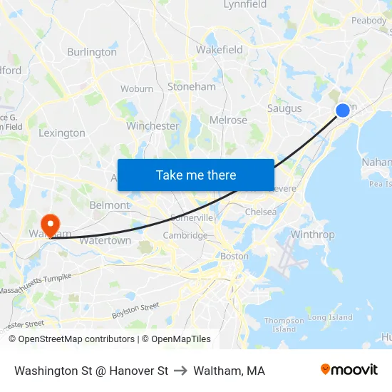 Washington St @ Hanover St to Waltham, MA map