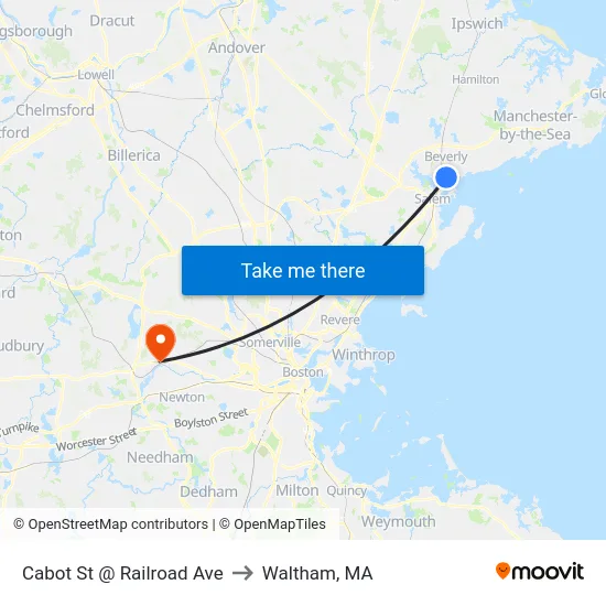 Cabot St @ Railroad Ave to Waltham, MA map