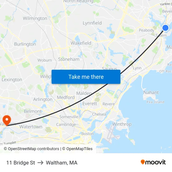 11 Bridge St to Waltham, MA map