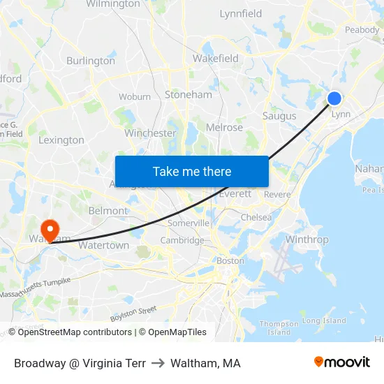 Broadway @ Virginia Terr to Waltham, MA map