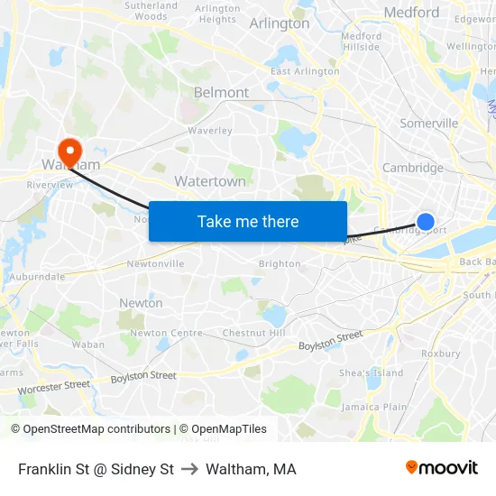 Franklin St @ Sidney St to Waltham, MA map