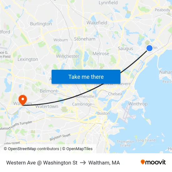 Western Ave @ Washington St to Waltham, MA map