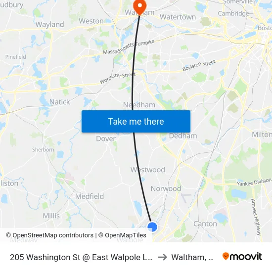 205 Washington St @ East Walpole Loop to Waltham, MA map