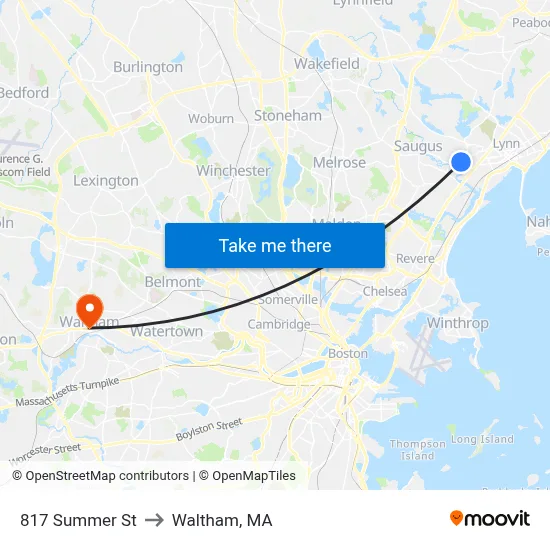 817 Summer St to Waltham, MA map