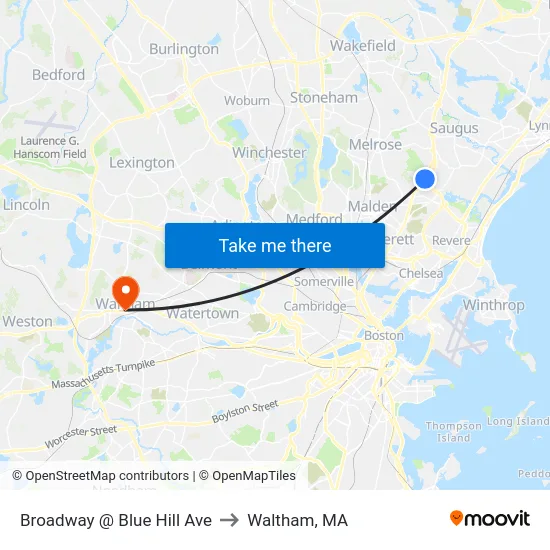 Broadway @ Blue Hill Ave to Waltham, MA map