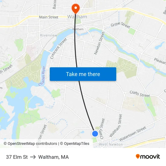 37 Elm St to Waltham, MA map