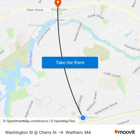 Washington St @ Cherry St to Waltham, MA map