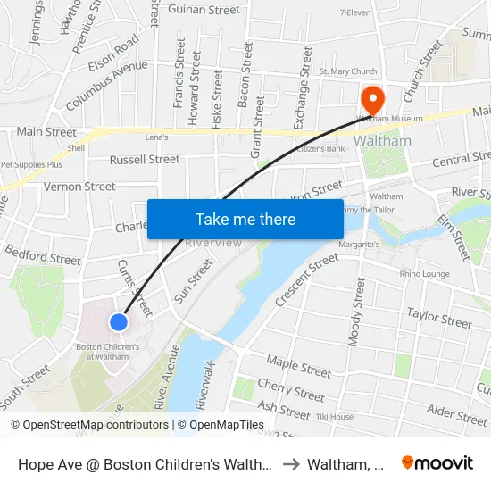 Hope Ave @ Boston Children's Waltham to Waltham, MA map