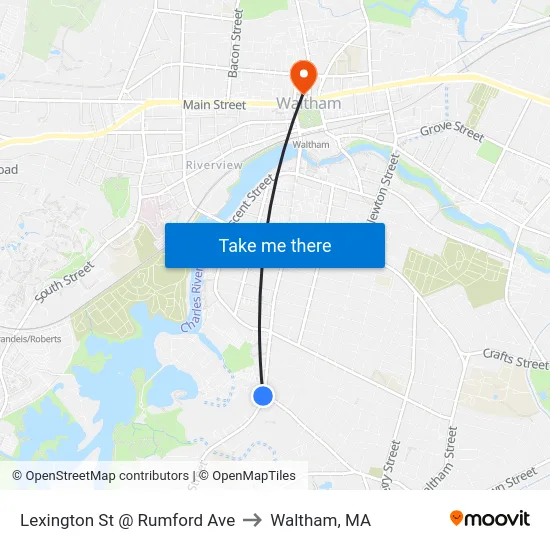 Lexington St @ Rumford Ave to Waltham, MA map