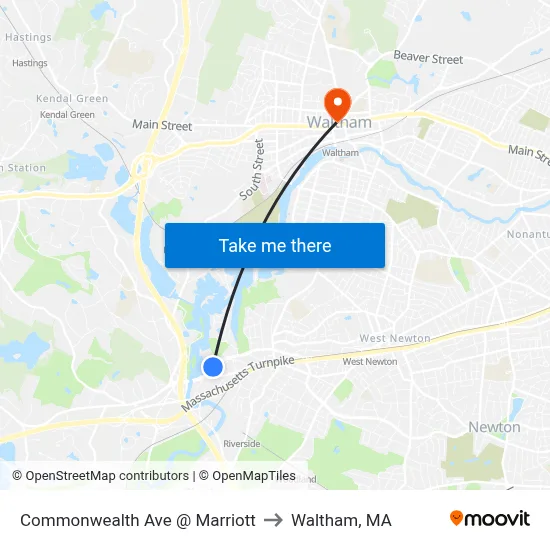 Commonwealth Ave @ Marriott to Waltham, MA map