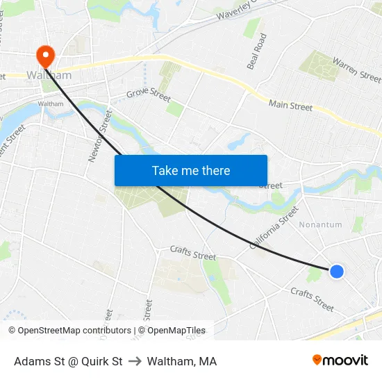 Adams St @ Quirk St to Waltham, MA map