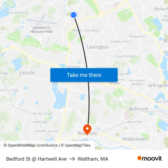 Bedford St @ Hartwell Ave to Waltham, MA map