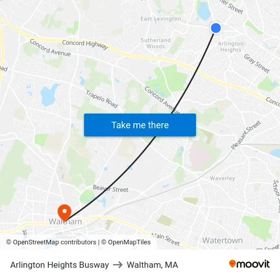 Arlington Heights Busway to Waltham, MA map