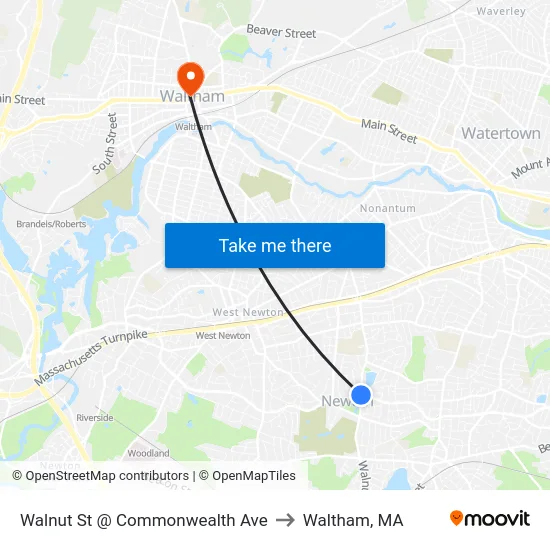Walnut St @ Commonwealth Ave to Waltham, MA map
