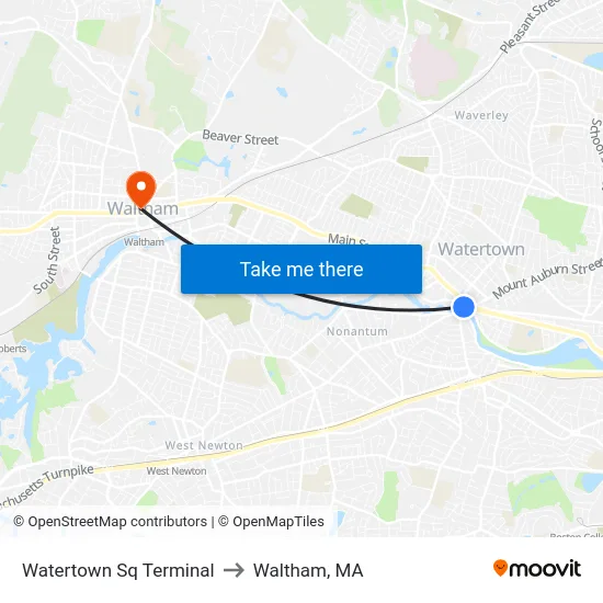Watertown Sq Terminal to Waltham, MA map
