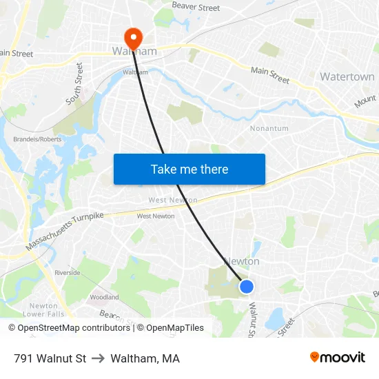 791 Walnut St to Waltham, MA map