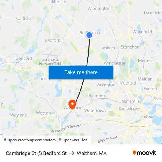 Cambridge St @ Bedford St to Waltham, MA map