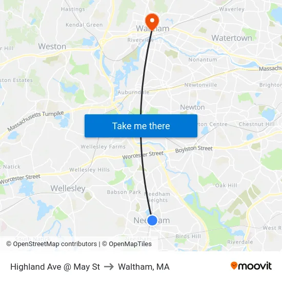 Highland Ave @ May St to Waltham, MA map