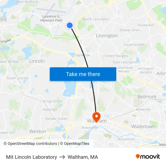 Mit Lincoln Laboratory to Waltham, MA map
