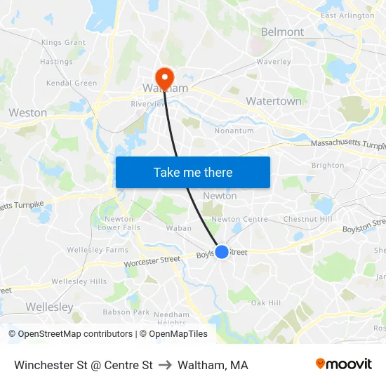 Winchester St @ Centre St to Waltham, MA map