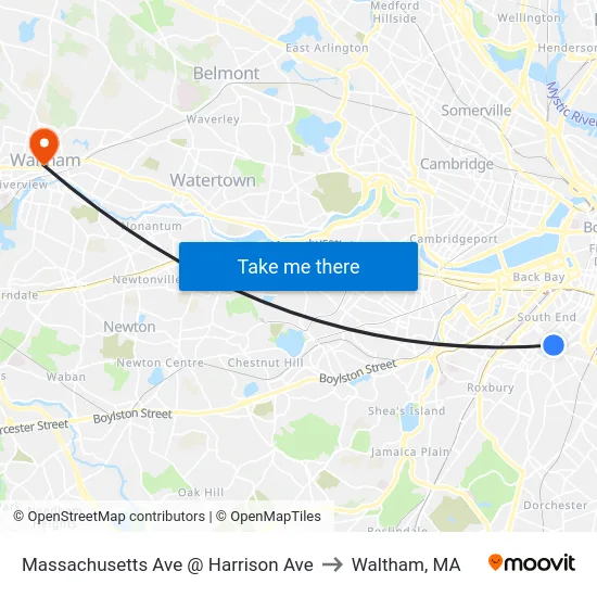 Massachusetts Ave @ Harrison Ave to Waltham, MA map