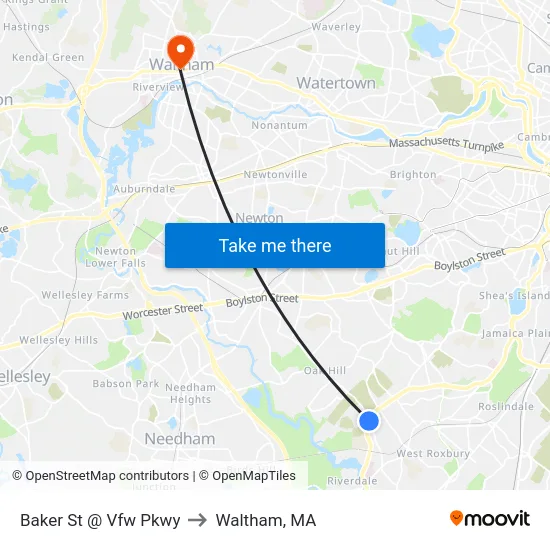 Baker St @ Vfw Pkwy to Waltham, MA map