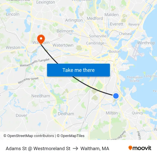 Adams St @ Westmoreland St to Waltham, MA map