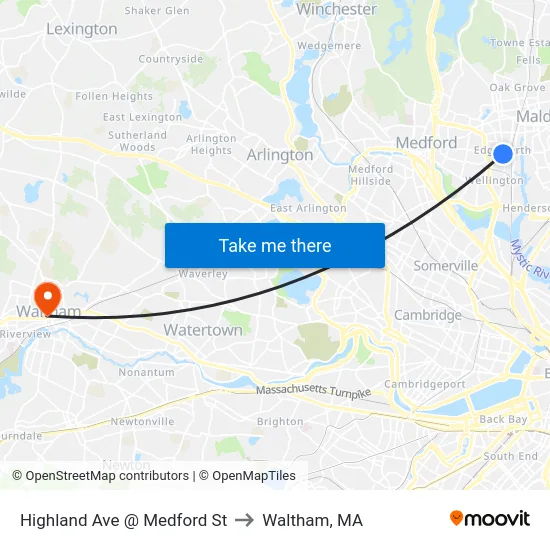 Highland Ave @ Medford St to Waltham, MA map