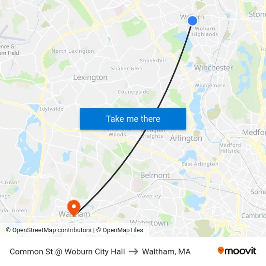 Common St @ Woburn City Hall to Waltham, MA map