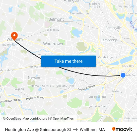 Huntington Ave @ Gainsborough St to Waltham, MA map